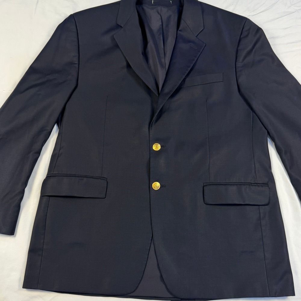 Ralph Lauren Mens Navy Blue Wool Sports Coat Gold Crest 2‎ Buttons 44R Old Money